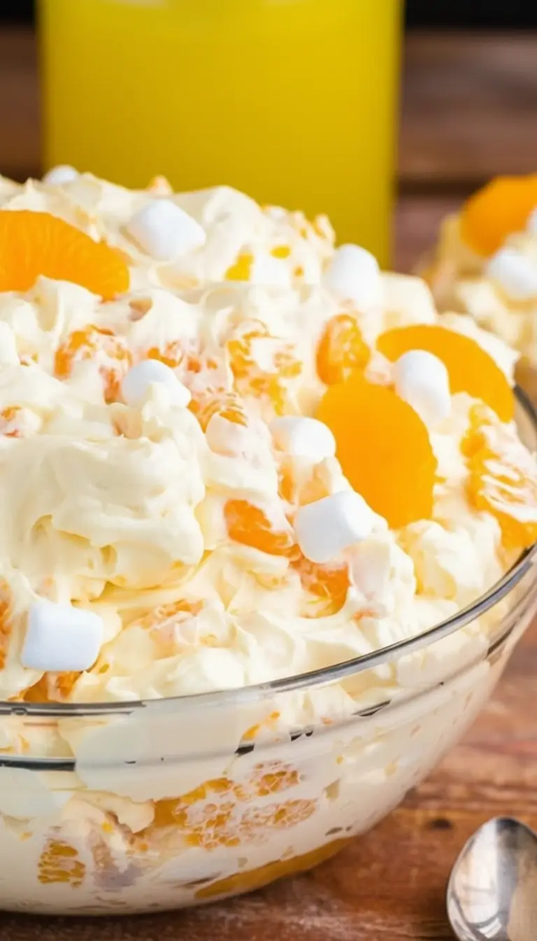 Omas Sucht-Dessert mit Orangen und Marshmallows ist unwiderstehlich cremig! Einfaches No-Bake Rezept in 15 Minuten. Jetzt nachkochen und genießen!
