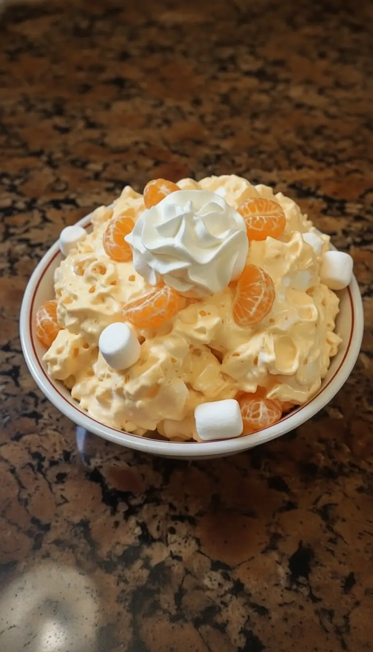 Omas Sucht-Dessert mit Orangen und Marshmallows ist unwiderstehlich cremig! Einfaches No-Bake Rezept in 15 Minuten. Jetzt nachkochen und genießen!