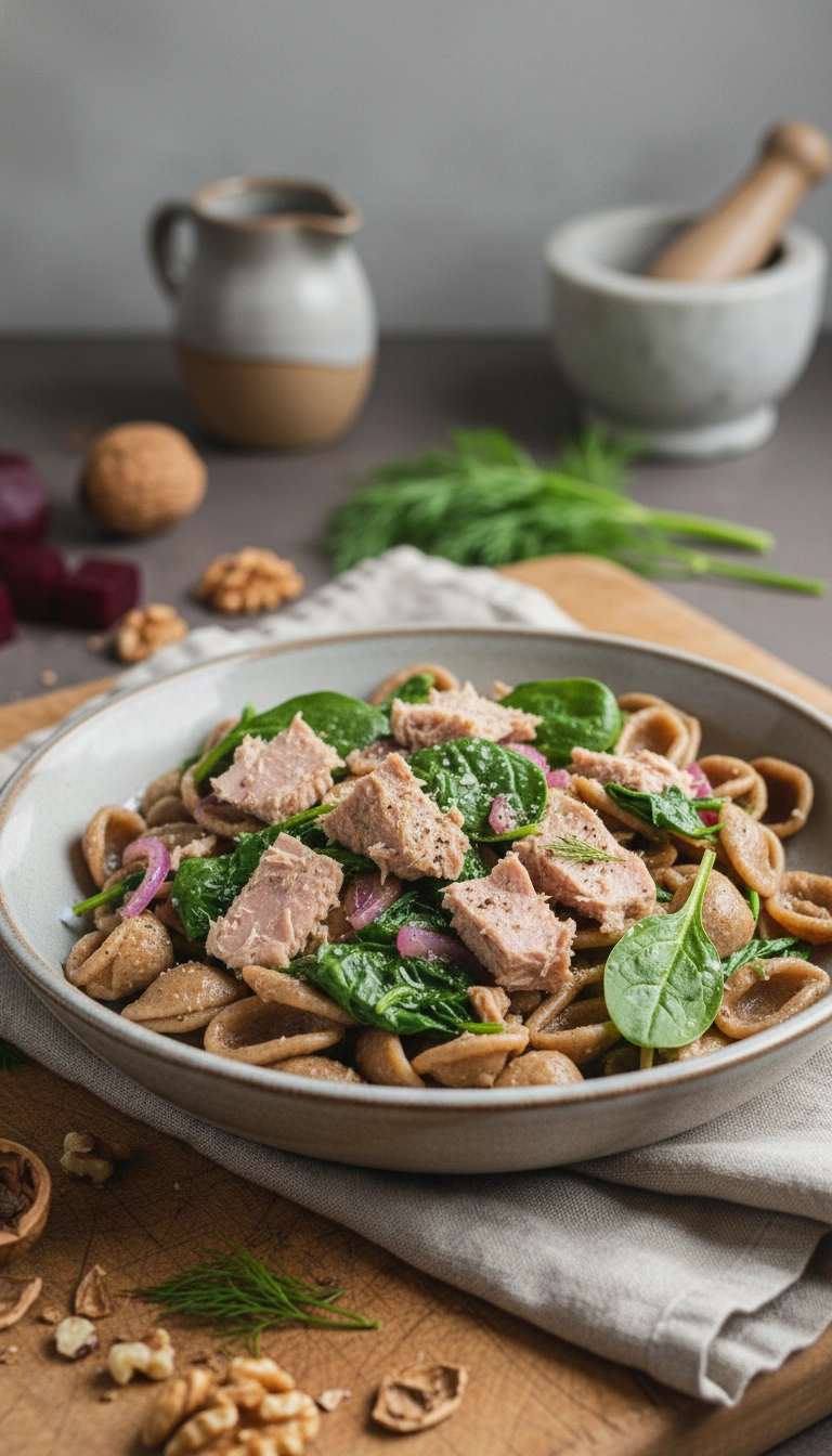 Thunfisch-Vollkorn-Pasta mit Spinat
