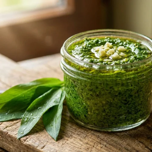 Bärlauch Pesto selber machen – frisches Pesto in einem Glas mit Bärlauchblättern