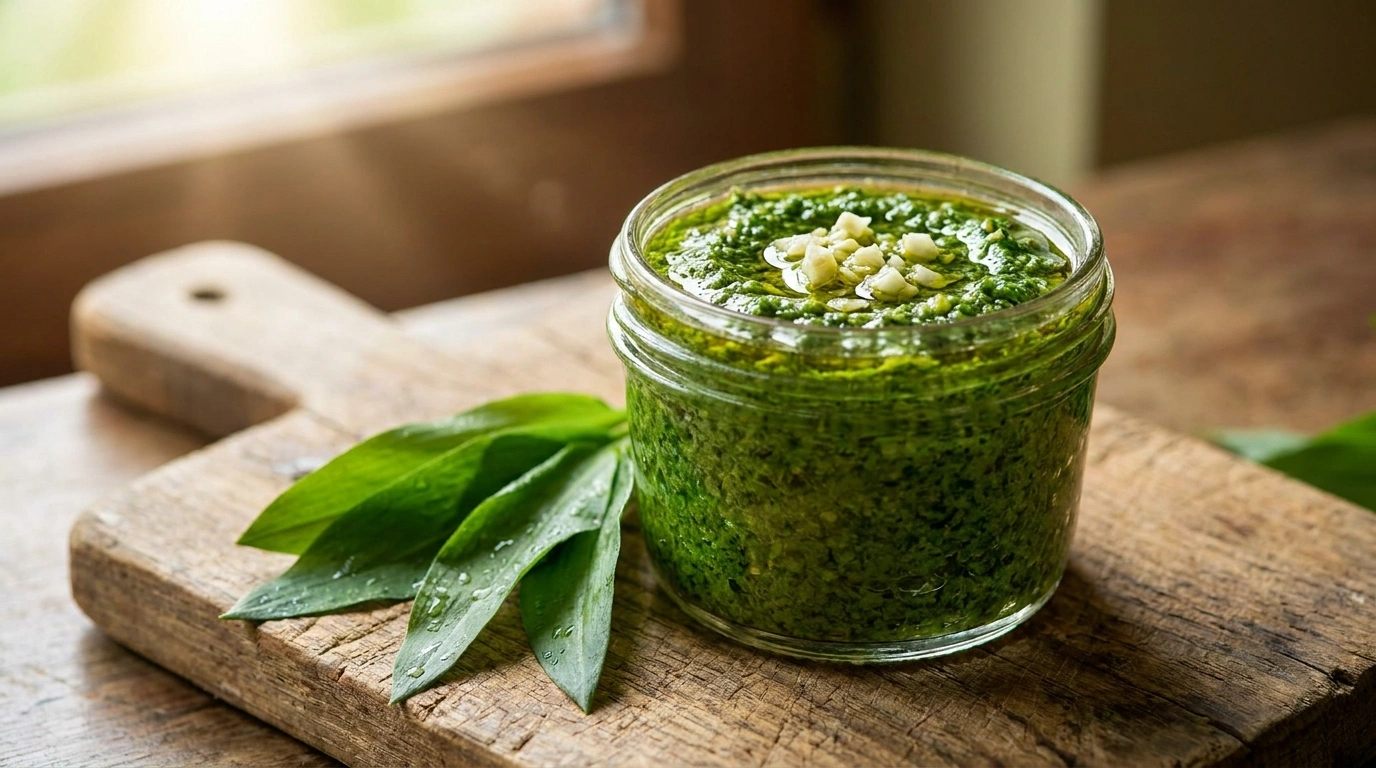 Bärlauch Pesto selber machen – frisches Pesto in einem Glas mit Bärlauchblättern