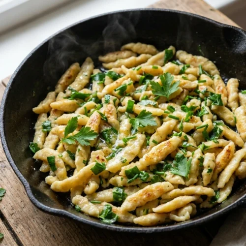 Bärlauch Spätzle Rezept – frische schwäbische Spätzle mit Wildkräutern in der Pfanne