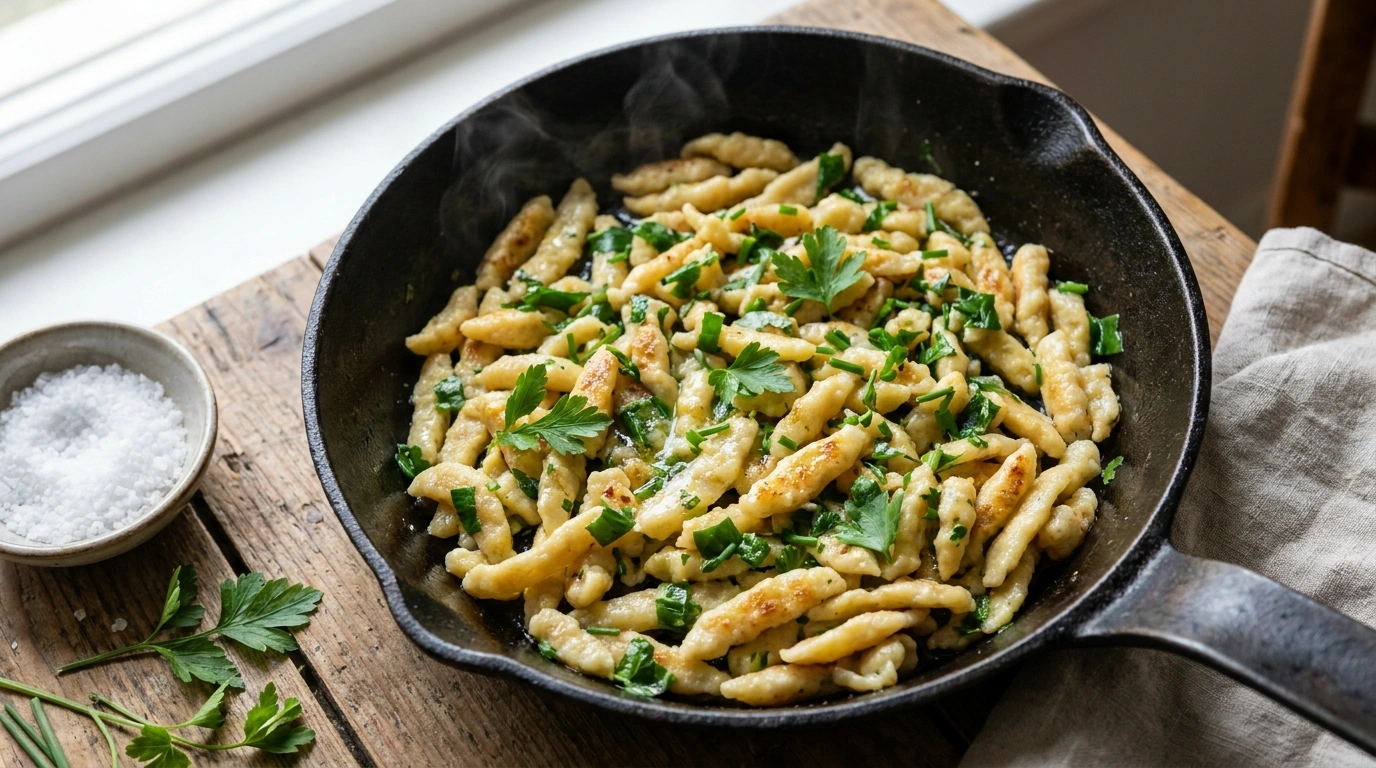 Bärlauch Spätzle Rezept – frische schwäbische Spätzle mit Wildkräutern in der Pfanne