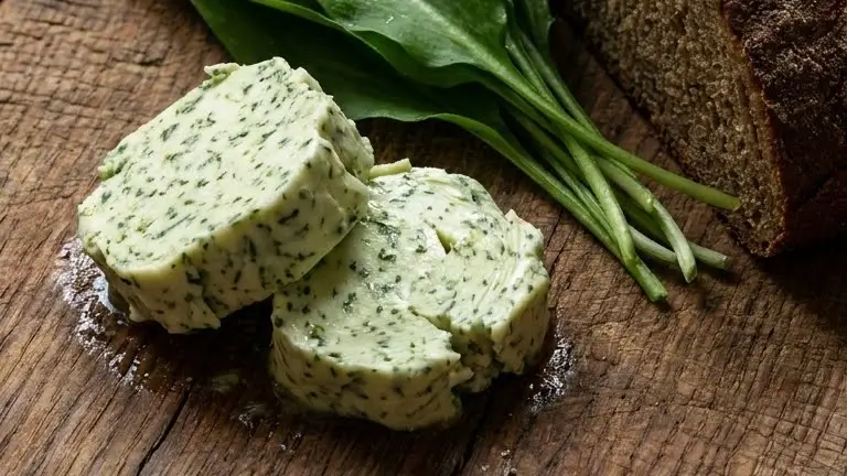 Bärlauchbutter Rezept – selbst gemachte Kräuterbutter mit frischem Bärlauch auf Holzbrett