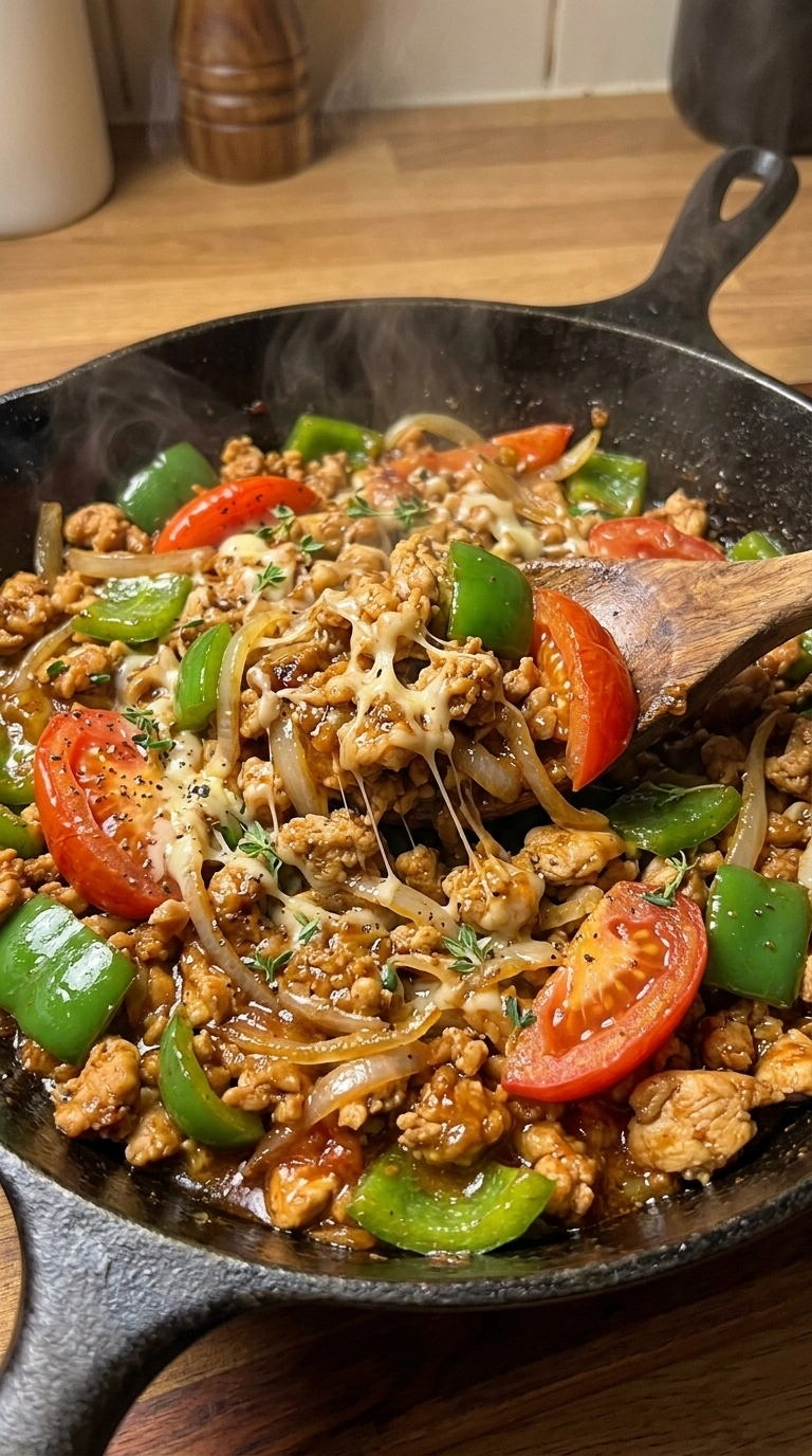 Gewürztes Hähnchen-Hackfleisch mit Zwiebeln, Knoblauch, Paprika und Tomaten in der Pfanne