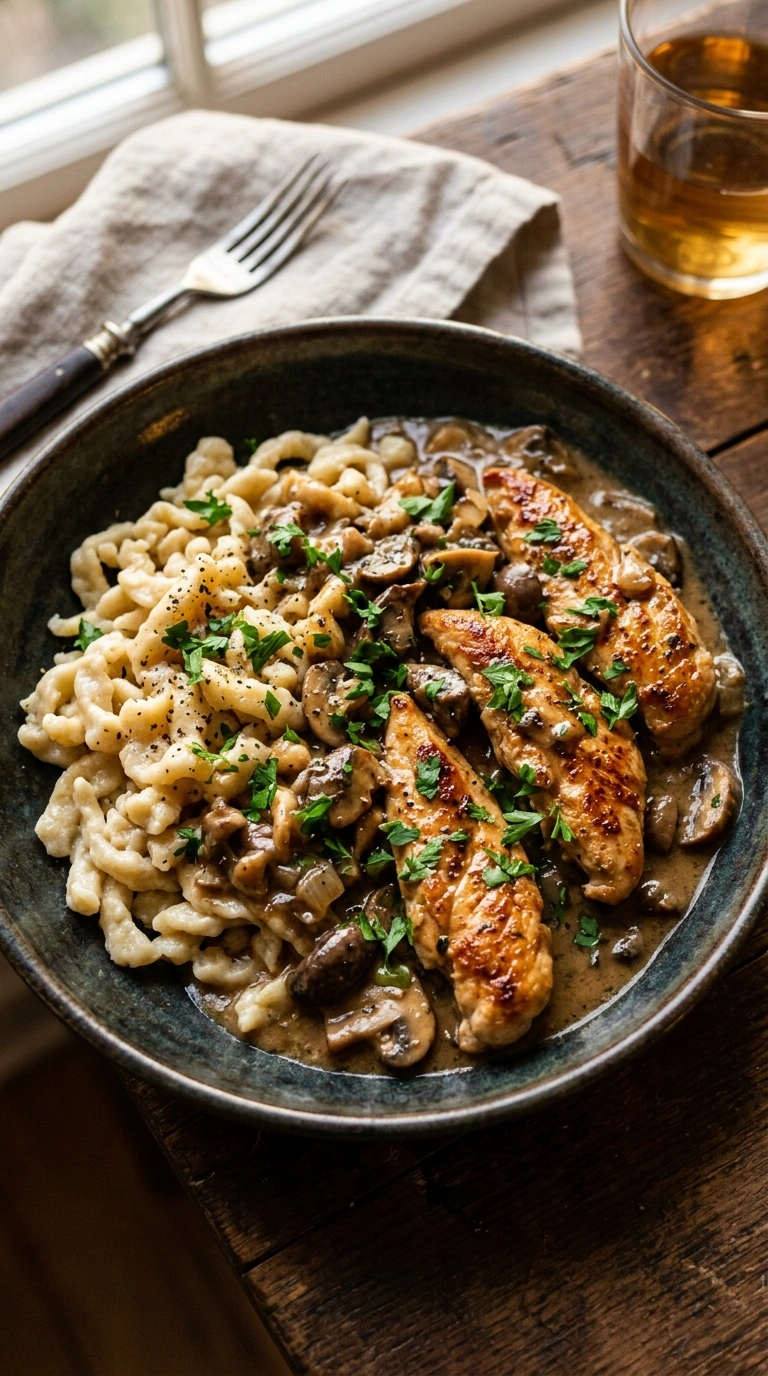 Hähnchen Geschnetzeltes fertig serviert mit Spätzle – cremige Sauce, zartes Hähnchenfleisch