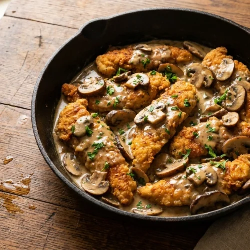 Hähnchen Geschnetzeltes Rezept – cremige Pilzsauce, zartes Hähnchenfleisch, schnell und einfach
