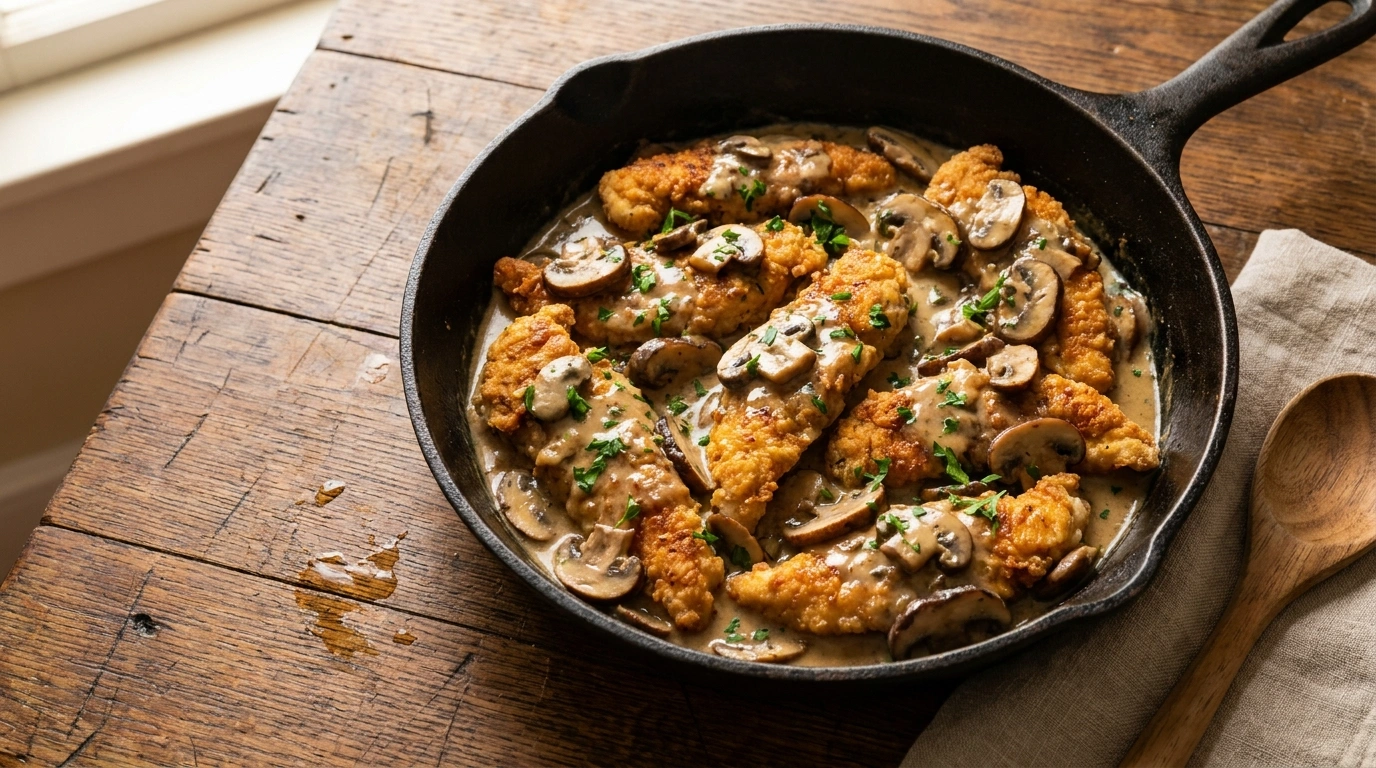 Hähnchen Geschnetzeltes Rezept – cremige Pilzsauce, zartes Hähnchenfleisch, schnell und einfach