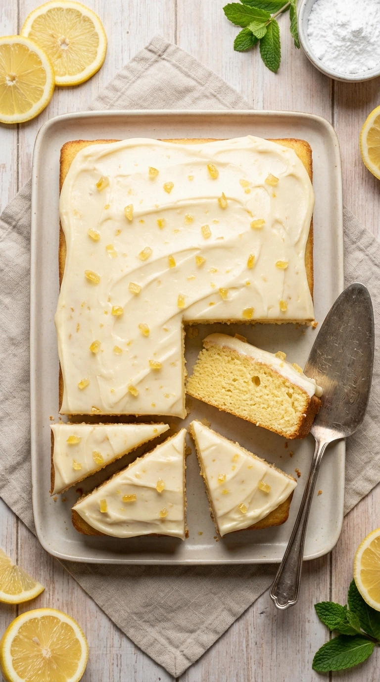 Zitronenblechkuchen saftig mit Zuckerguss – Draufsicht