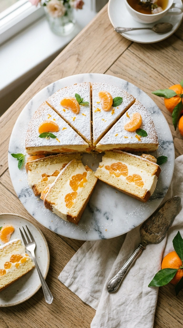 Mandarinen Schmandkuchen angeschnitten – cremiger Schmandguss mit saftigen Mandarinen