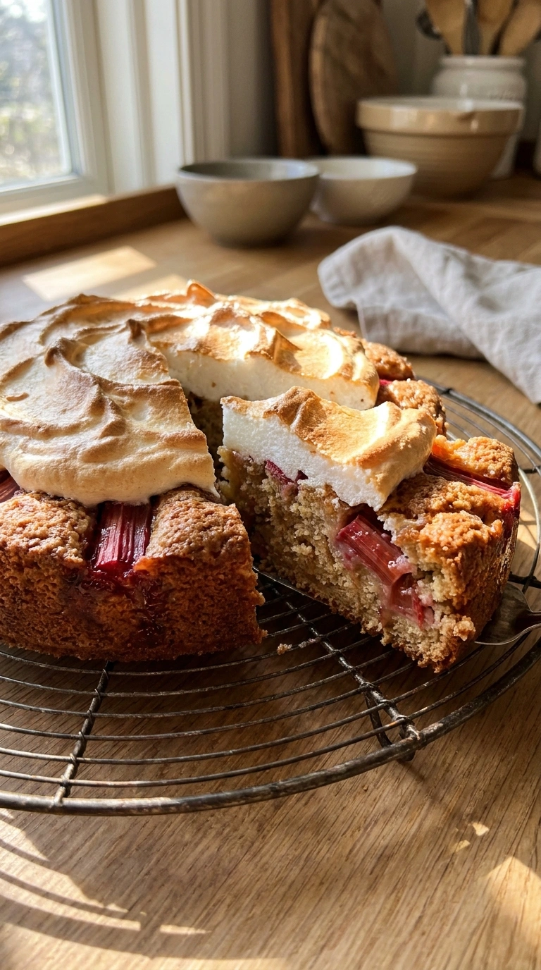 Rhabarber-Kuchen mit Baiser – Frühsommer-Klassiker mit rosa Rhabarberfüllung und goldbraunem Meringue