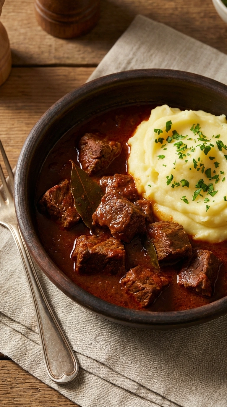 Klassisches Rindergulasch ganz einfach mit Kartoffelpüree – Familienessen zum Nachkochen