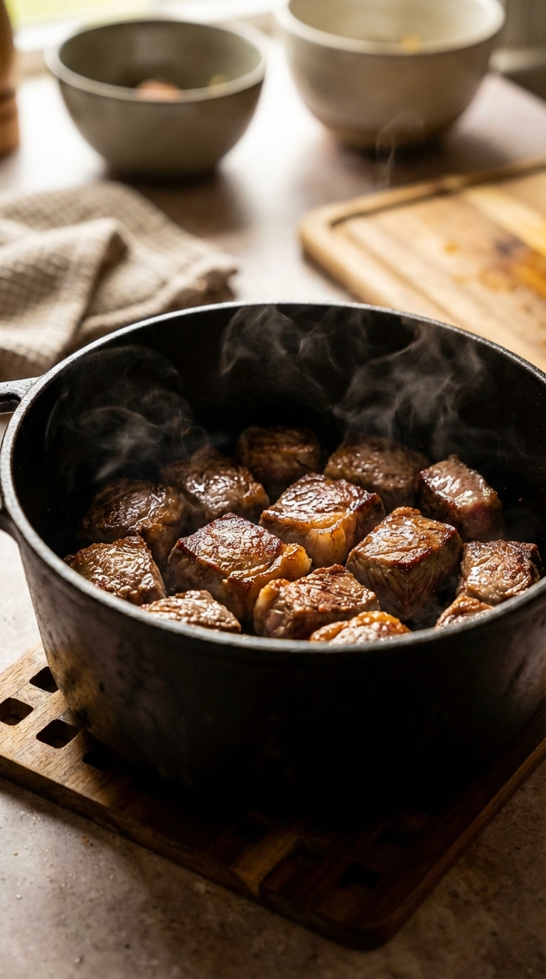 Rindfleisch anbraten für klassisches Rindergulasch – goldbraune Kruste für tiefen Geschmack