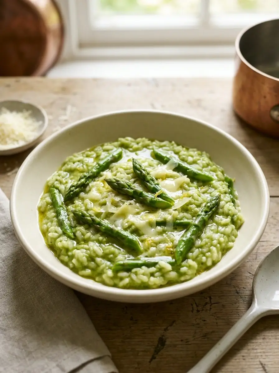 Risotto mit grünem Spargel fertig angerichtet – cremig, mit Parmesan und Zitronenabrieb