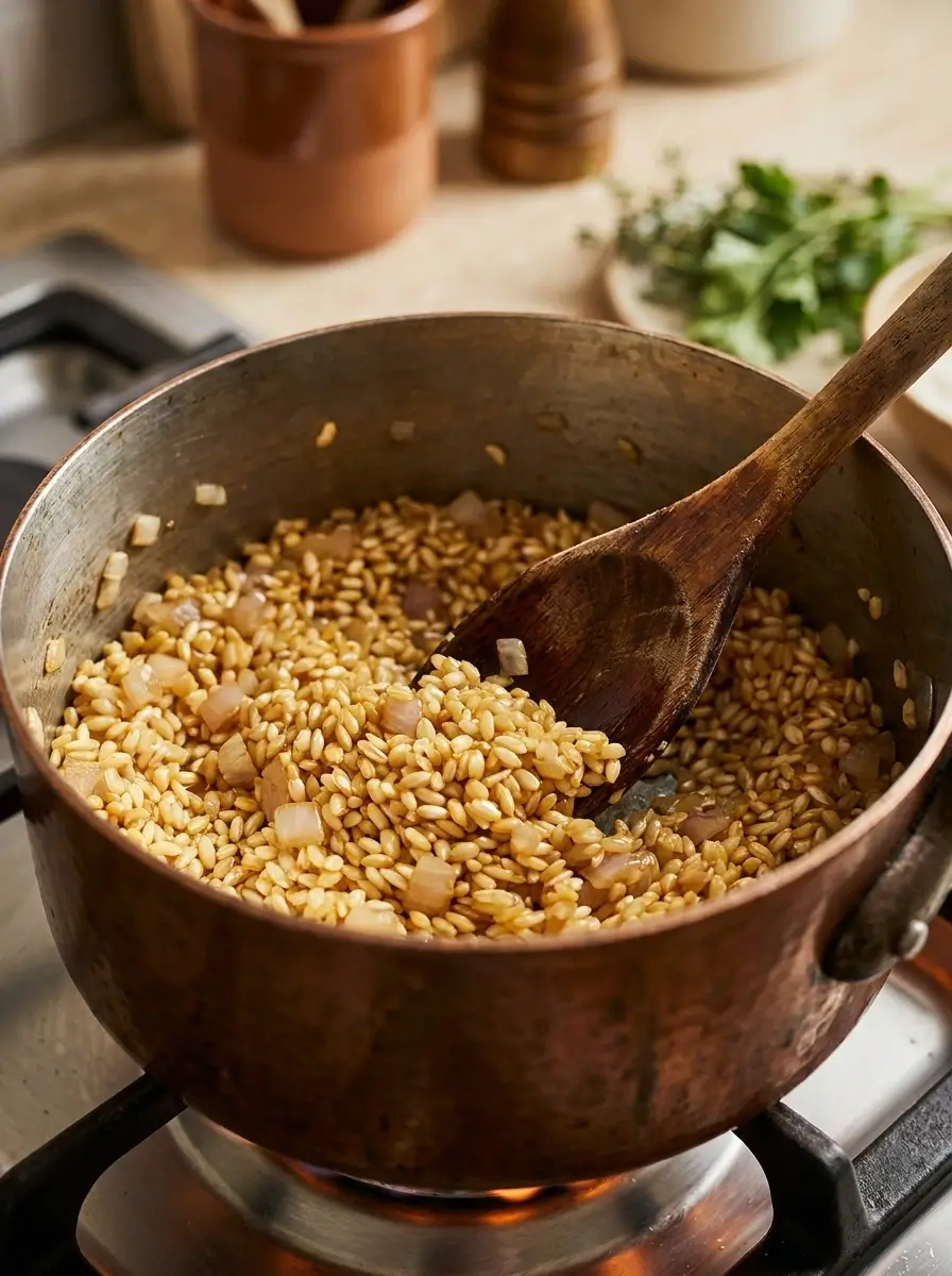 Risottoreis anrösten für Risotto mit grünem Spargel – erster Schritt für cremiges Ergebnis