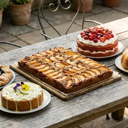 Sommer Kuchen Rezepte – eine Auswahl der beliebtesten sommerlichen Kuchen auf einem Holztisch