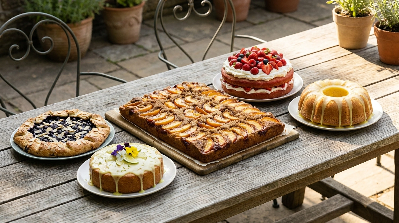 Sommer Kuchen Rezepte – eine Auswahl der beliebtesten sommerlichen Kuchen auf einem Holztisch