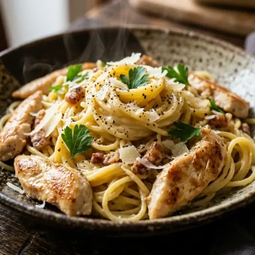 Spaghetti Carbonara mit Hähnchen, Pecorino Romano und schwarzem Pfeffer
