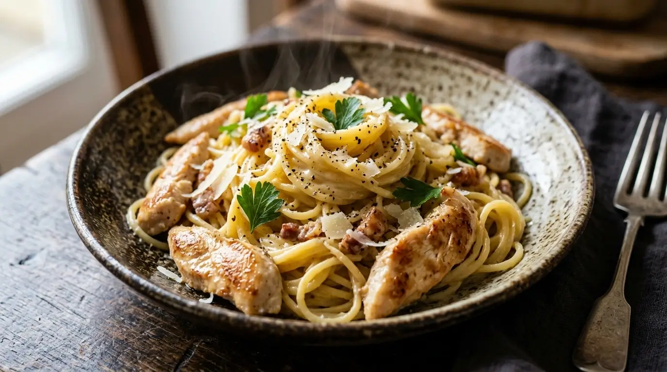 Spaghetti Carbonara mit Hähnchen, Pecorino Romano und schwarzem Pfeffer