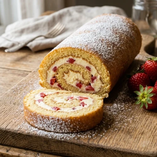 Erdbeer Biskuitrolle Rezept – perfekt aufgerollt, ohne Risse, mit sichtbarer Erdbeer-Sahne-Spirale