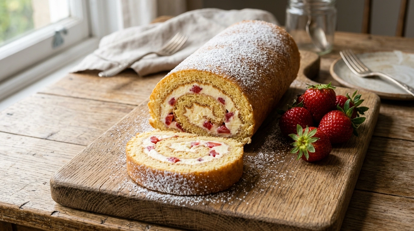 Erdbeer Biskuitrolle Rezept – perfekt aufgerollt, ohne Risse, mit sichtbarer Erdbeer-Sahne-Spirale