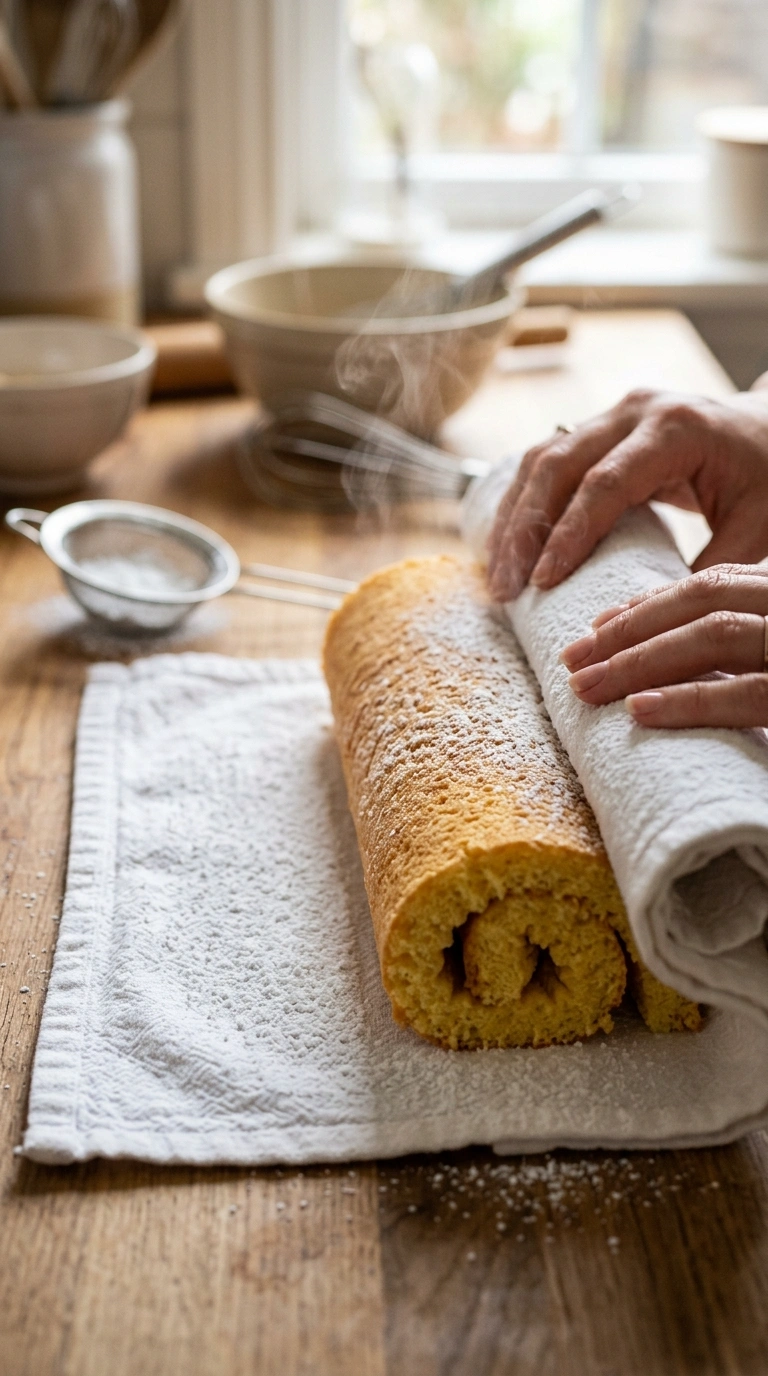 Biskuitrolle direkt nach dem Backen im feuchten Küchentuch aufrollen – der wichtigste Schritt gegen Risse