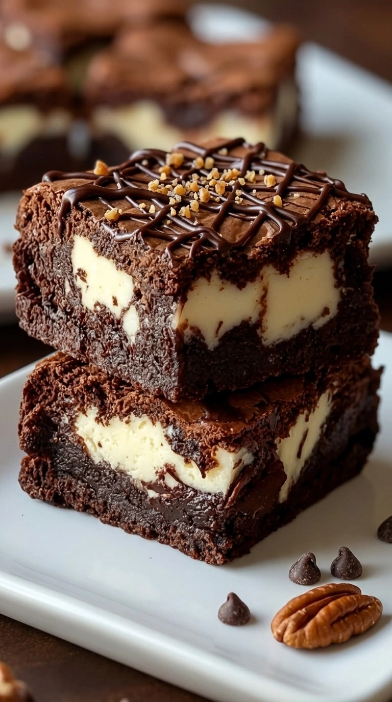 Frischkäse-Brownies auf einem Teller, garniert mit Schokolade und Beeren