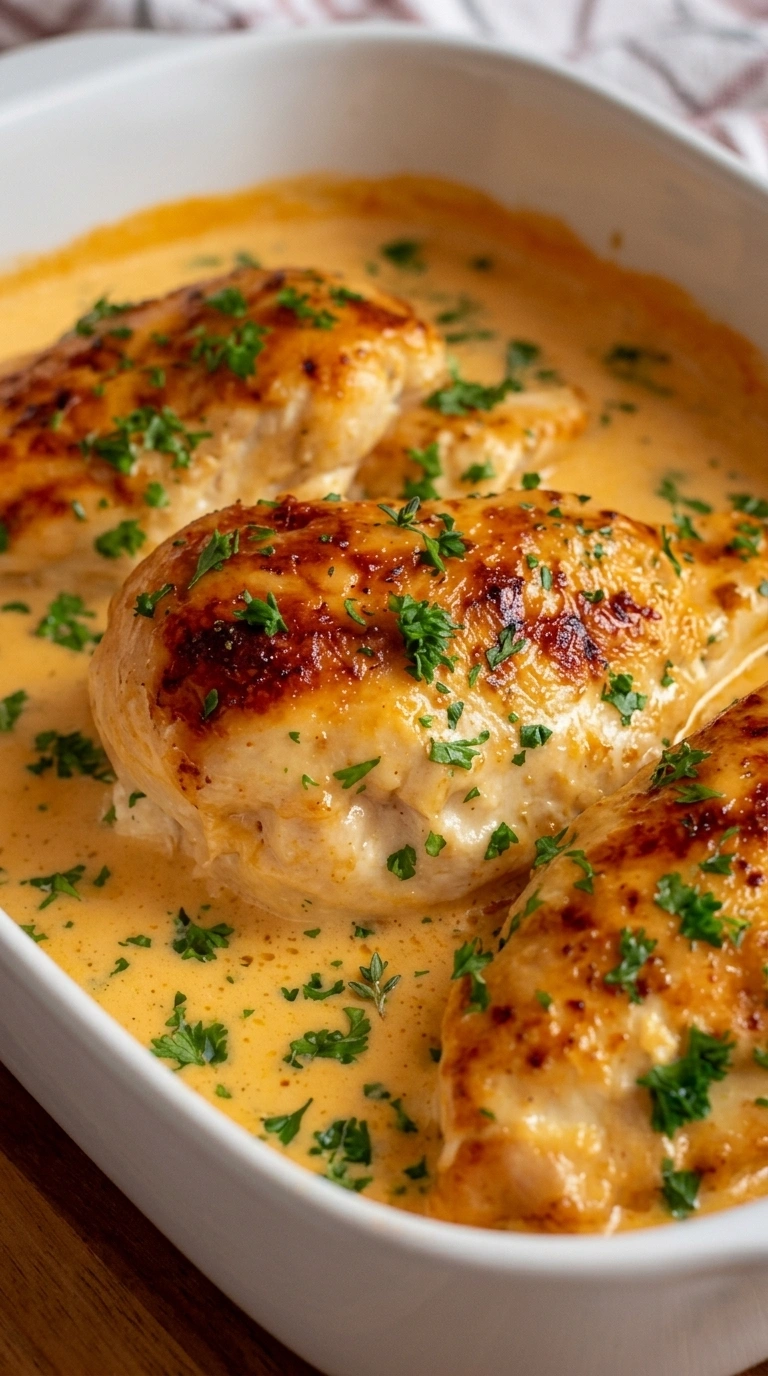 Hähnchenbrust in cremiger Frischkäse-Sauce serviert auf einem Teller