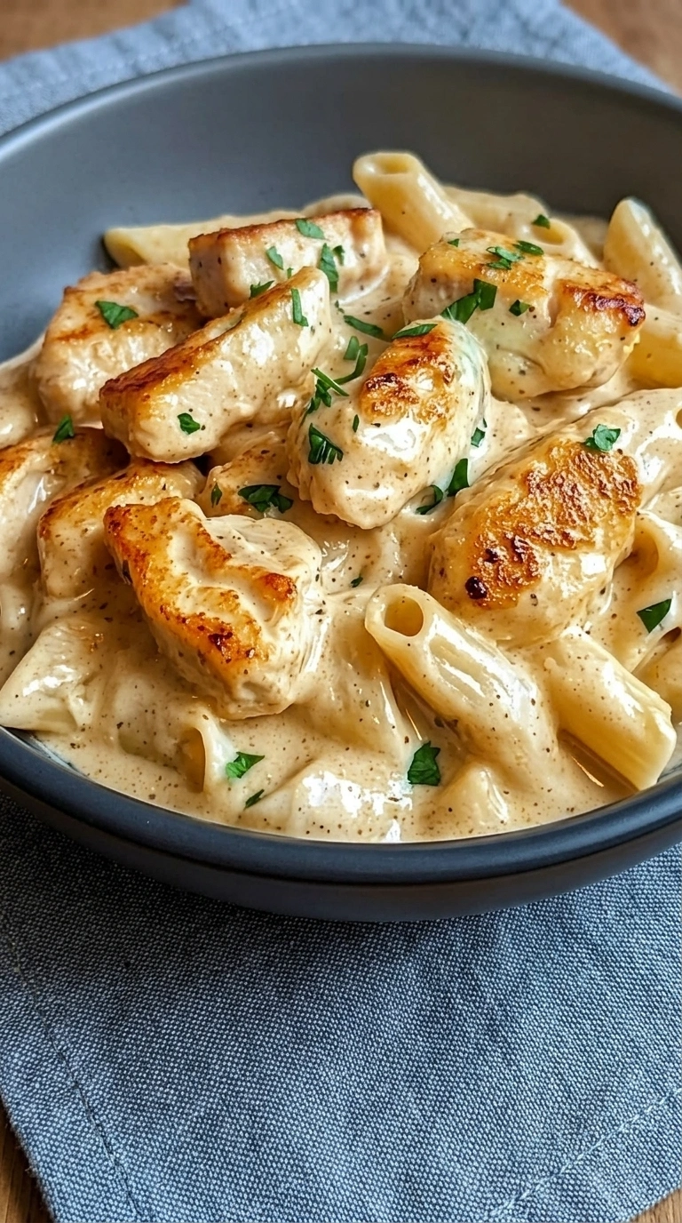 Hähnchenstreifen in Sahnesauce mit cremigen Nudeln serviert
