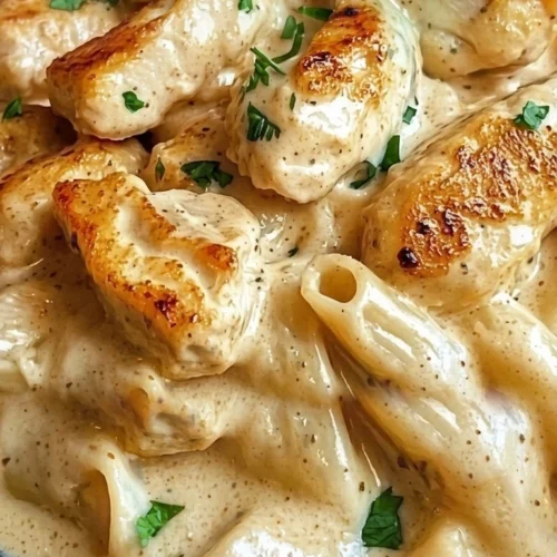 Hähnchenstreifen in Sahnesauce mit cremigen Nudeln serviert