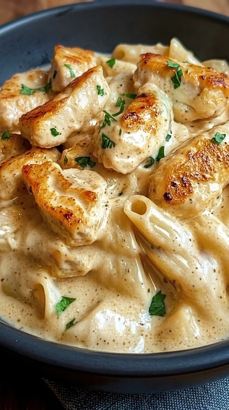 Hähnchenstreifen in Sahnesauce mit cremigen Nudeln serviert