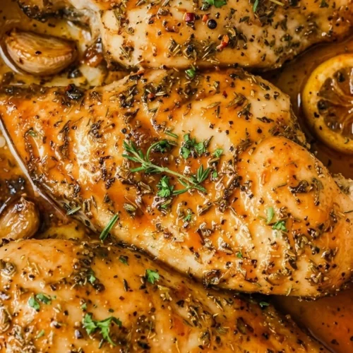 Hühnchenbrust mit braunem Zucker und Knoblauch auf einem Teller angerichtet