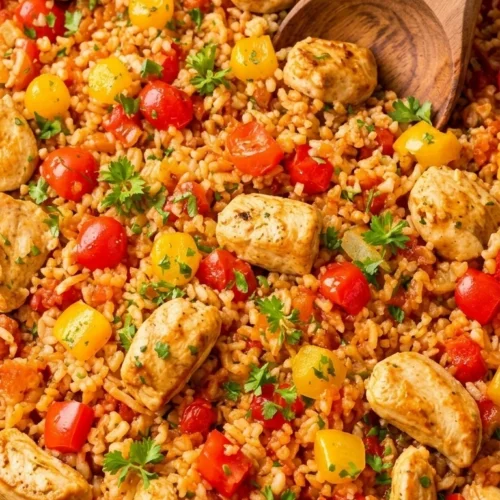Leckere Paprika-Reis-Pfanne mit Hähnchen auf einem Teller serviert.