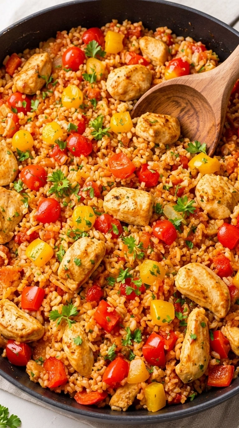 schnelle Rezepte – Paprika-Reis-Pfanne mit Hähnchen – einfaches Abendessen