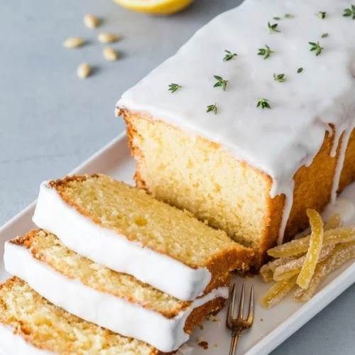 Saftiger Zitronenkuchen auf einem Teller, frisch gebacken mit Zitrone dekoriert.