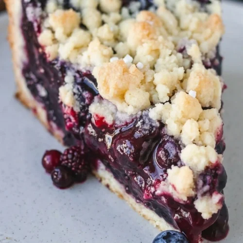 Traditioneller Heidelbeerkuchen auf einem Teller mit frischen Heidelbeeren