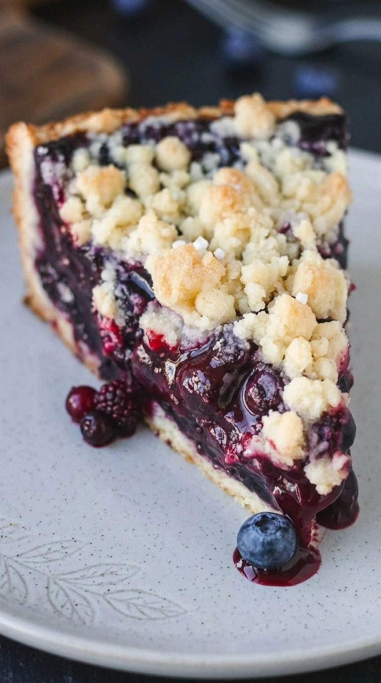 Traditioneller Heidelbeerkuchen auf einem Teller mit frischen Heidelbeeren