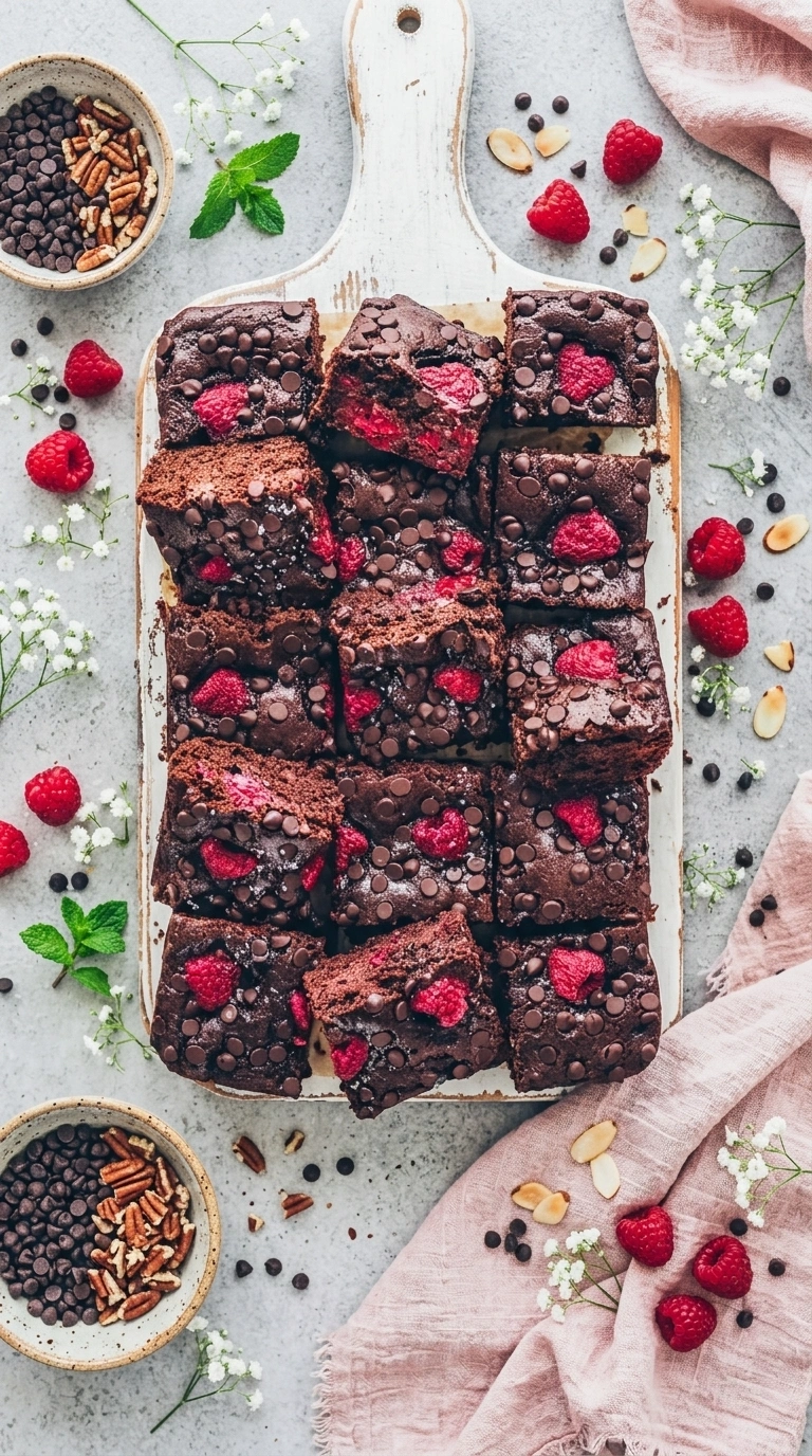 Vegane Himbeer-Brownies, fruchtig und schokoladig, perfekt für Naschkatzen.