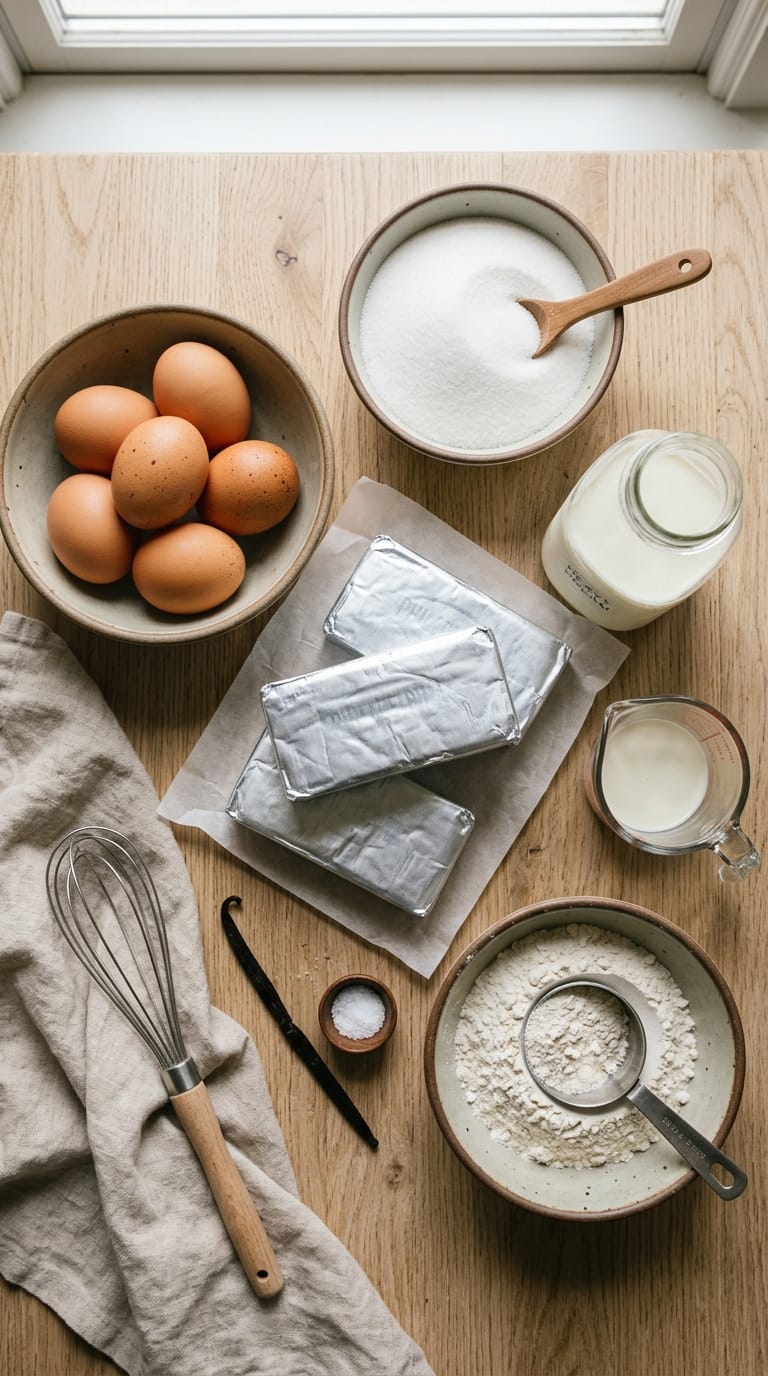 Zutaten für den besten Käsekuchen der Welt: Frischkäse, Eier, Sahne, Zucker