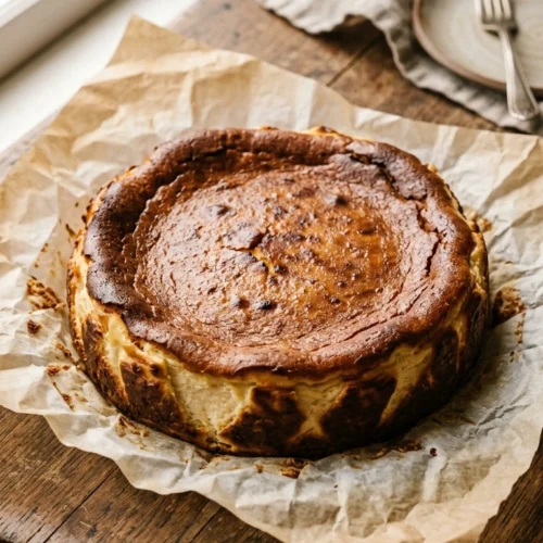 Der beste Käsekuchen der Welt mit dunkler karamellisierter Oberfläche, angeschnitten