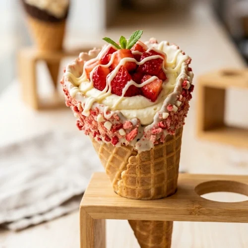 Erdbeer Cheesecake Hörnchen mit cremiger Füllung und knuspriger Crunch-Schicht