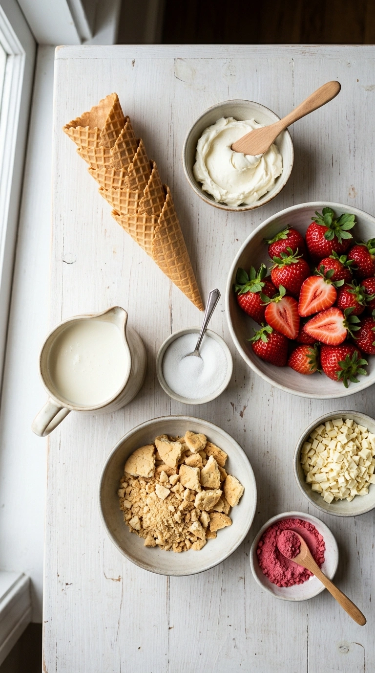 Zutaten für Erdbeer Cheesecake Hörnchen: Waffelhörnchen, Frischkäse, Sahne, weiße Schokolade und frische Erdbeeren