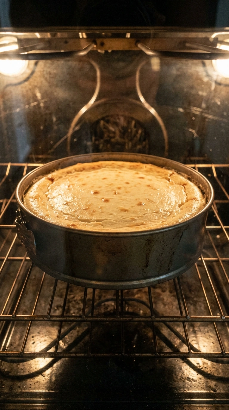 Grieß Käsekuchen ohne Boden beim Backen im Ofen