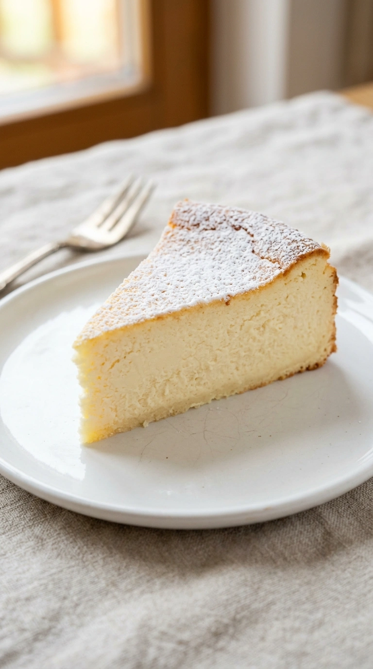 Angeschnittenes Stück Grieß Käsekuchen ohne Boden auf