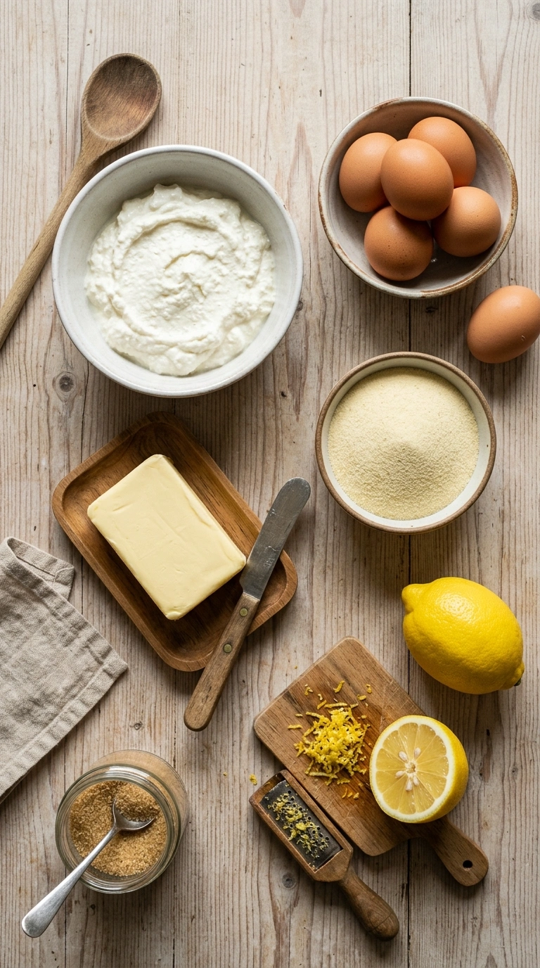 Zutaten für Grieß Käsekuchen ohne Boden: Quark, Eier, Grieß, Zitrone