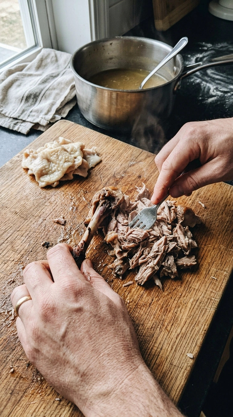Gekochtes Hähnchenfleisch wird von Hand vom Knochen gelöst und zerzupft