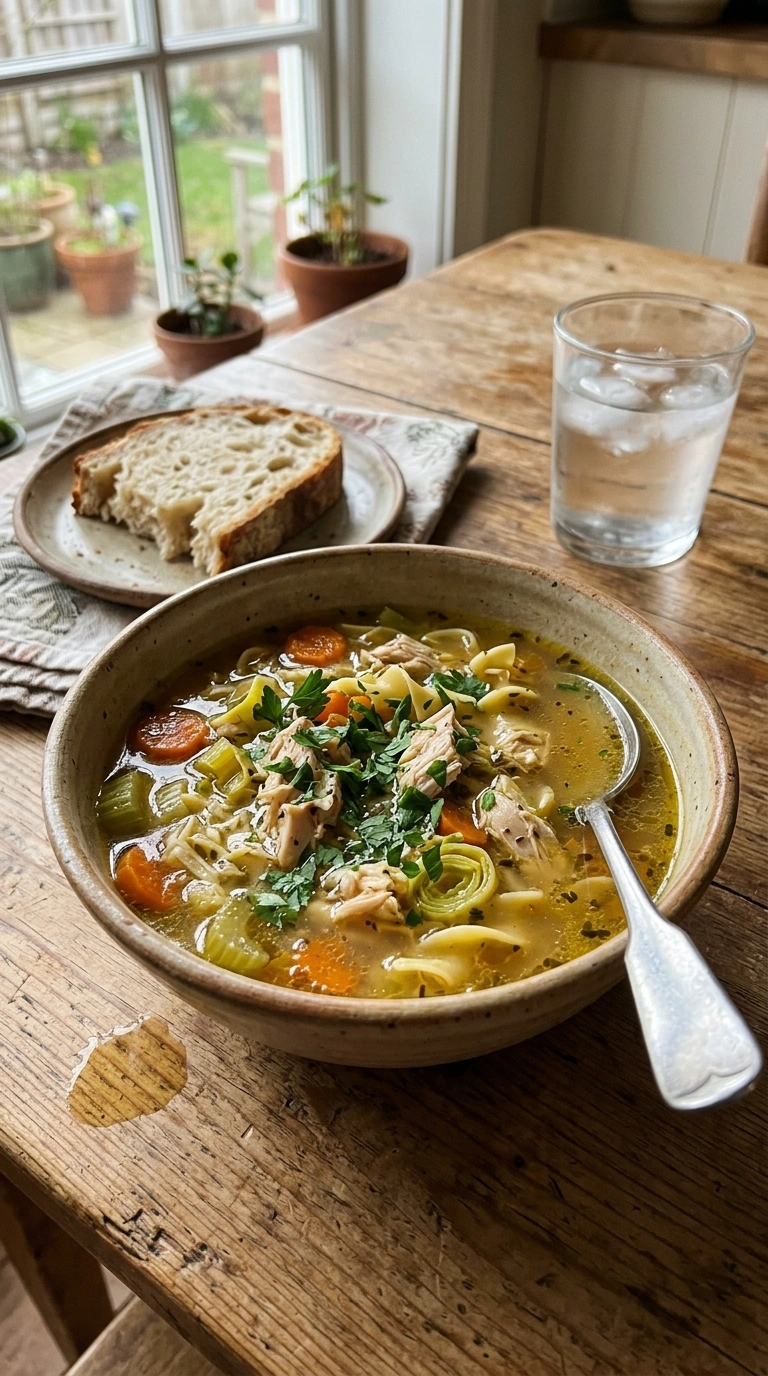 Angerichtete Hühnersuppe mit Hähnchenschenkel, Gemüse und Nudeln in klarer Brühe, serviert mit einer Scheibe Brot