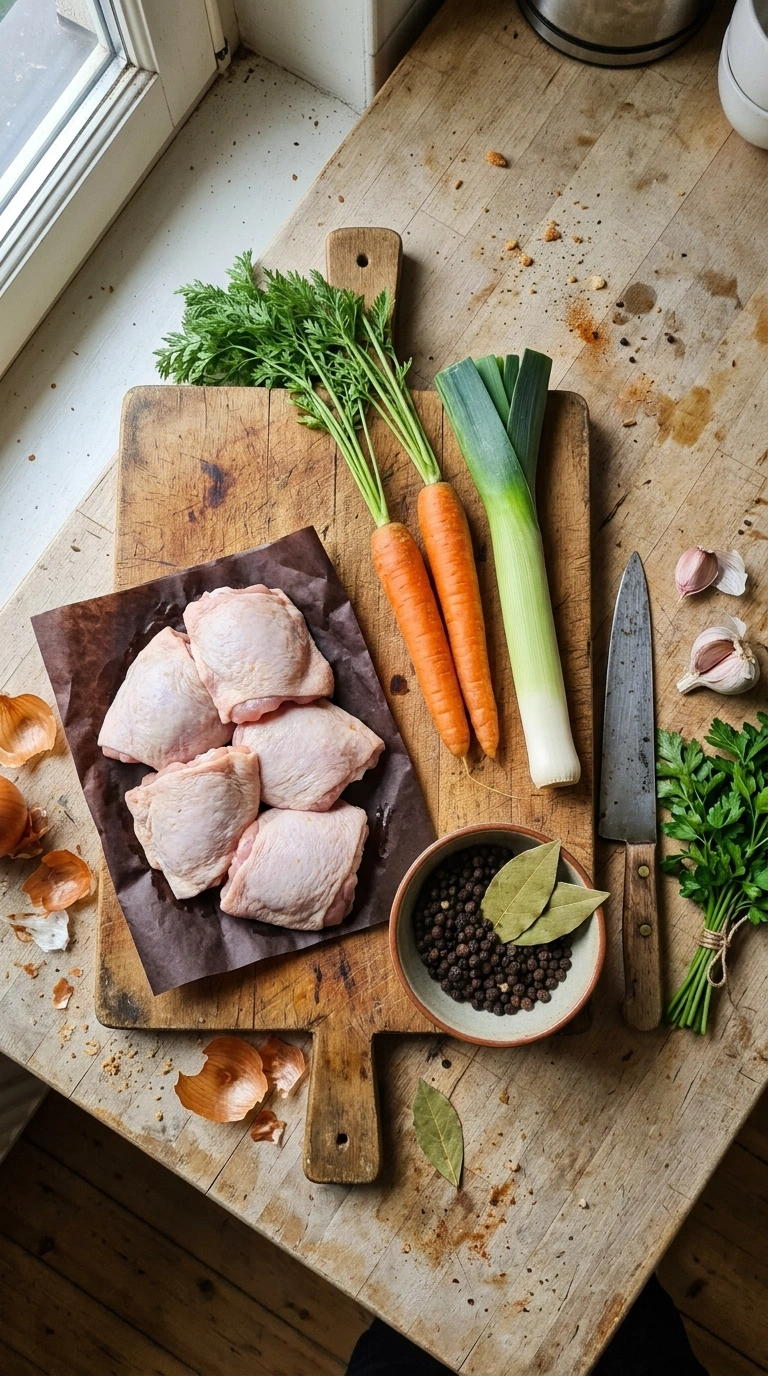 Zutaten für Hühnersuppe mit Hähnchenschenkel: rohe Hähnchenschenkel, Möhren, Lauch, Sellerie, Knoblauch und Gewürze auf einem Holzbrett