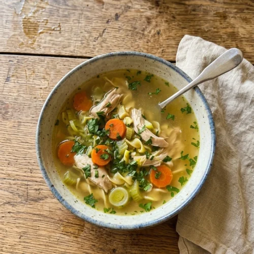 Hühnersuppe mit Hähnchenschenkel in einer Keramikschüssel mit Möhren, Lauch und Suppennudeln in klarer Brühe