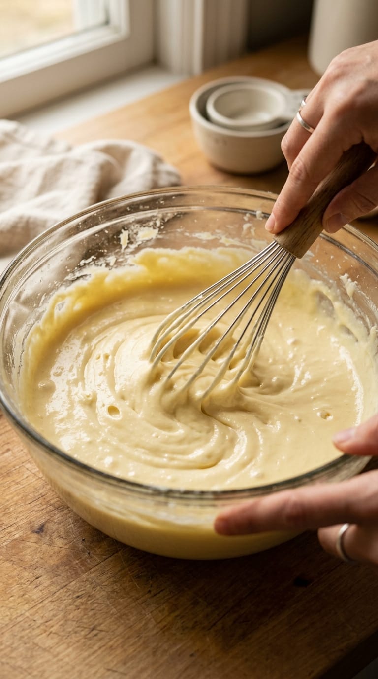 Käsekuchenmasse für das Original-Rezept in einer Schüssel glattrühren